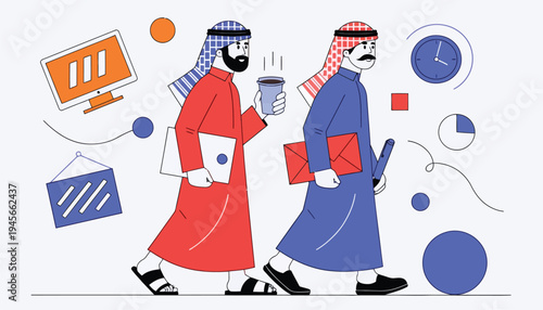Arab Businessmen in Traditional Attire Walking in Office, Middle Eastern Corporate Professionals, Business Concept Vector Illustration Isolated on Light White Background 