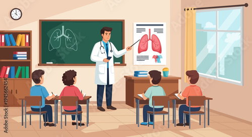 Doctor teaching children about human lungs.