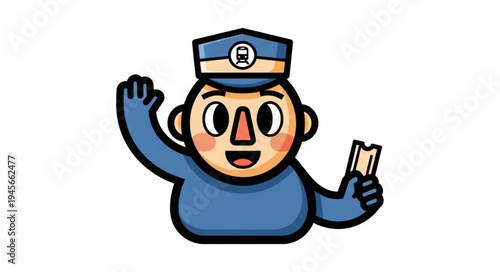 Cartoon Train Conductor Waving and Holding a Ticket.