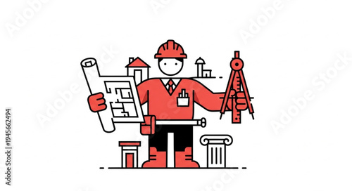 Architect with Blueprint and Tools - A Detailed Illustration of Design and Construction.