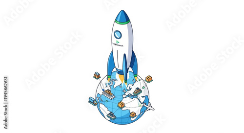 Rocket Ship Toy on Earth Globe, Space Exploration Theme.