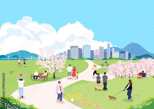 People walking in spring city park with cherry blossoms landscape illustration