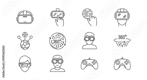 Virtual Reality Technology Icons - A Collection of VR Headsets, Controllers, and 360 Views.