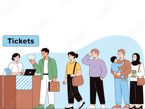 Ticket counter queue illustration with diverse people waiting in line to buy tickets at service desk in flat style