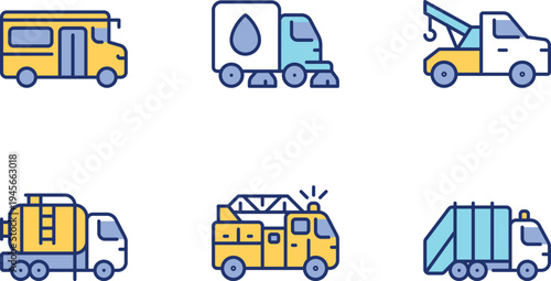 Six types of utility service vehicles depicted in a simple illustration style