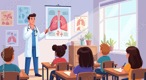 Doctor teaching students about human lungs.