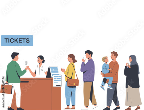 Ticket counter queue illustration with diverse people waiting in line to buy tickets at service desk in flat style
