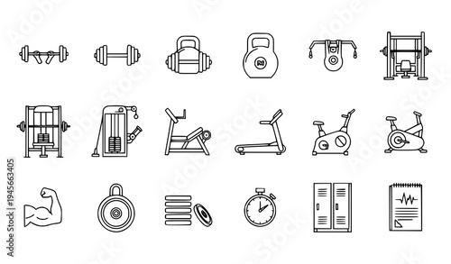 Fitness and bodybuilding gym icon pack with strength training machines and workout equipment thin line vector