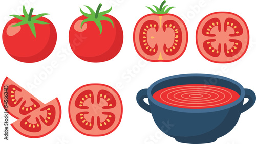 Fresh Tomato and Tomato Soup Collection with Whole Tomatoes Slices and Bowl Healthy Food Vector Illustration