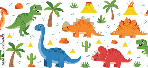 Cute colorful dinosaur collection with volcano palm trees and prehistoric elements cartoon style isolated vector illustration set