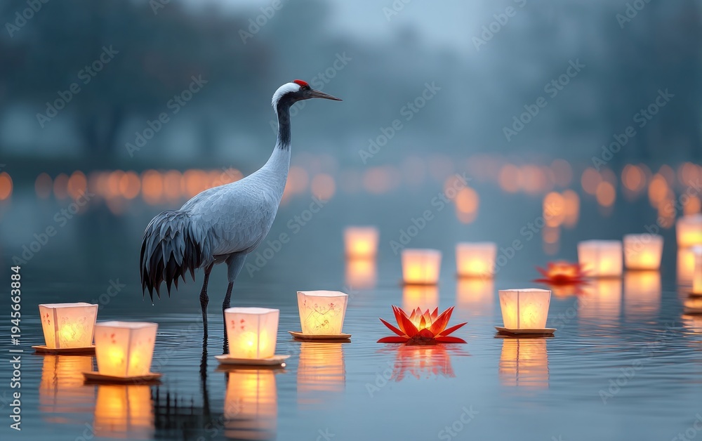 Fototapeta premium Crane Bird Standing in Shallow Water with Lanterns