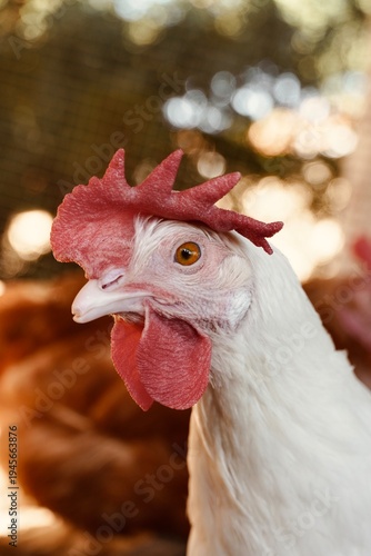 Photography White Leghorn hen head close up with distinctive floppy red comb