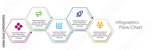 Colorful Hexagon Business Infographic Flow Chart Vector on Transparent Background