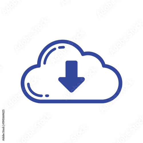 Blue cloud storage download icon with down arrow on transparent background representing software updates and digital file transfer