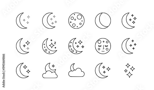A set of minimalist moon phase icons with stars and clouds