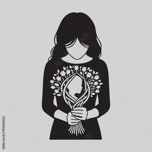 Silhouette mother holding bouquet wreath framing child face loving bond black art vector