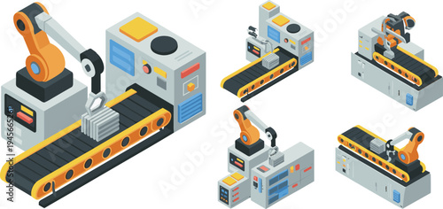 Automated industrial production line featuring robotic arms, conveyor belts, factory machinery, isometric manufacturing equipment, smart technology, assembly process, and modern mechanical engineering