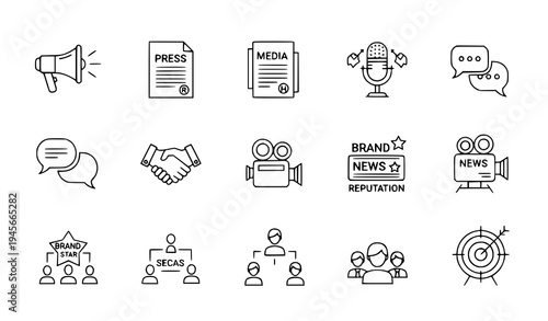 A set of line art icons representing media and communication concepts