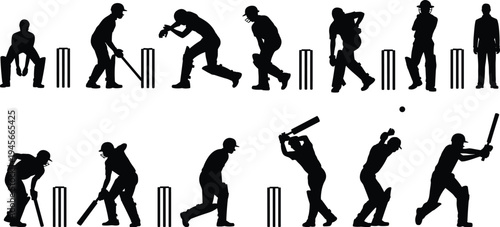 Cricket player silhouettes set with batsman, bowler, and fielder in various action poses isolated on white background for sports design and posters.