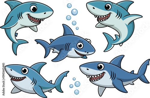 Cute cartoon shark characters set with happy blue sharks and bubbles isolated on white background for kids design, ocean stickers, and sea life.