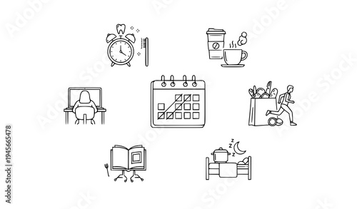 A set of simple line art icons depicting daily routine and time management