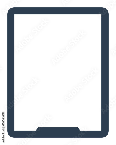A sleek tablet device with a dark blue outline sits on a white background