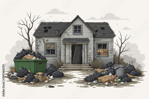 Abandoned Dilapidated House Surrounded by Piles of Trash Bags and Overflowing Dumpster, Vector Illustration of Urban Decay, Pollution, Environmental Issues, and Neglected Property in Flat Style.