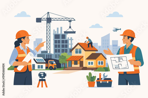 Professional Construction Engineers and Architects Planning Urban Development with Blueprints and Tools. Flat Vector Illustration of Building Sites, Cranes, Houses, and City Infrastructure.