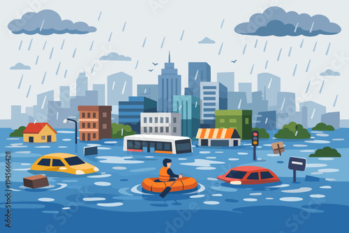 City Flood Disaster Illustration with Submerged Cars, Buildings, and a Person Rowing an Inflatable Boat Through Flooded Streets During Heavy Rain. Concept of Climate Change and Natural Disaster.