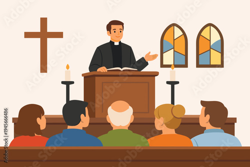 Pastor Preaching from a Pulpit in a Church to a Diverse Congregation, Christian Priest Giving a Sermon with a Holy Bible, Religious Worship Service Flat Vector Illustration with Cross and Candles