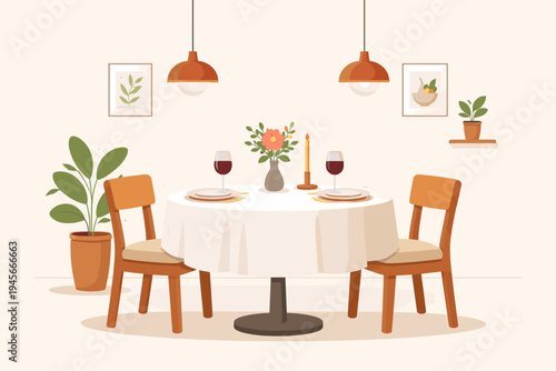 Cozy Restaurant Table for Two with Wine Glasses, Plates, and Flowers in a Flat Vector Illustration Style. Minimalist Dining Room Interior with Wooden Chairs, Hanging Lamps, and Potted Plants.