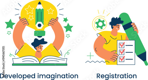 Contrast of creativity and data registration processes illustrated through visual metaphors