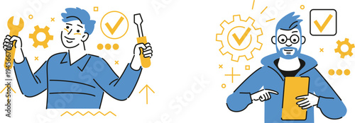 Two professionals symbolizing technical work and verified success in digital fields