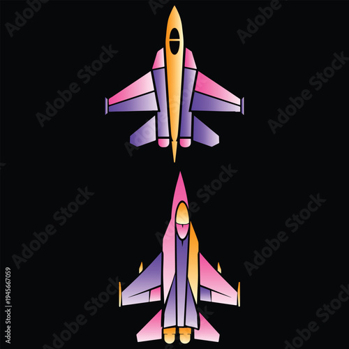 Colorful Fighter Jet Top View Set, Modern Military Aircraft Gradient Vector Illustration.