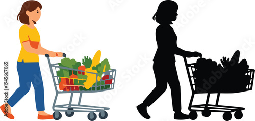 Flat vector illustration and black silhouette of a woman walking with a metal shopping cart full of fresh groceries and healthy vegetables,