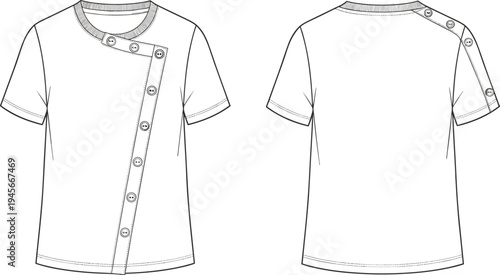 Asymmetrical button placket t-shirt technical drawing with short sleeves, fashion flat sketch front and back view, clothing design template