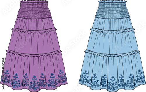 Tiered smocked waist floral embroidered skirts in purple and light blue, ruffled layered design fashion clothing catalog illustration