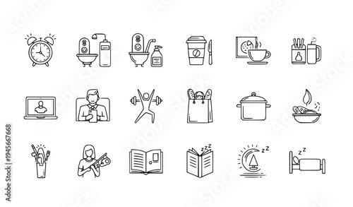 A set of minimalist line art icons depicting daily life activities and objects