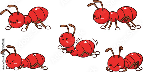 Cute Red Ant Cartoon Character Set with Funny Poses Happy Insect Mascot Illustration Isolated Vector Collection