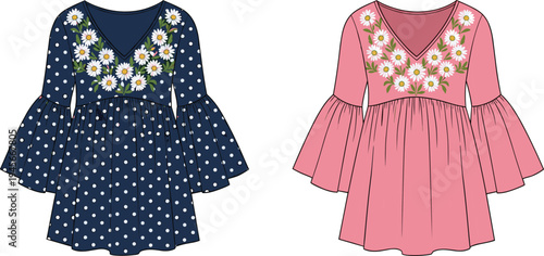 Fashion illustration of two embroidered long-sleeved dresses with floral chest detail, flared sleeves, gathered waistline, navy polka dot and pink styles