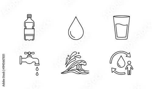 A set of six minimalist icons representing various aspects of water