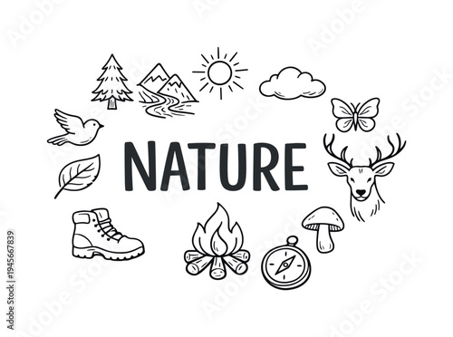 Nature illustration with hand-drawn elements and the word nature. A whimsical collection of hand-drawn icons representing the outdoors, including animals, plants, and camping gear