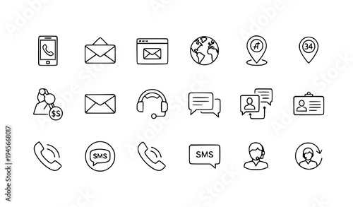 A set of minimalist line art icons representing various communication and contact methods