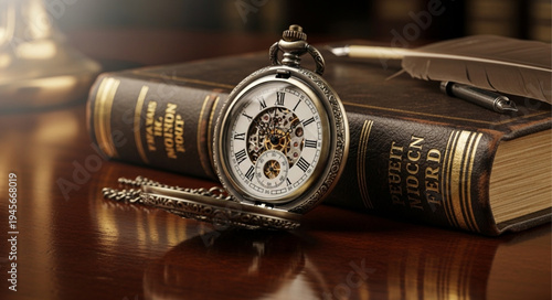 Antique Pocket Watch Resting on a Leather-Bound Book with Quill Pen.