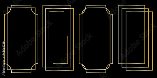 Golden thin frame set. Gold geometric borders in art deco style. Thin linear radiance rectangular shape collection. Yellow glowing shiny boarder element pack. Vector bundle for photo, cadre, poster