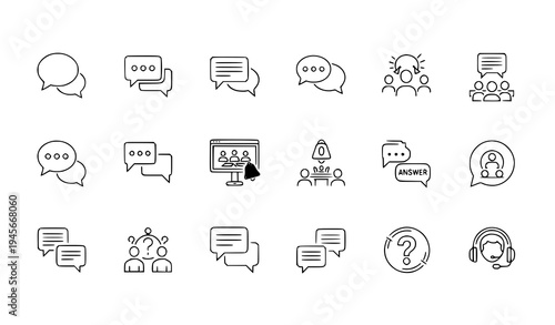 A set of minimalist line art icons depicting various communication and discussion concepts