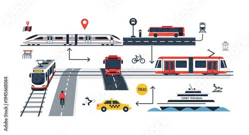 Diverse Transportation Network Illustration - Trains, Buses, Taxis, and Ferries.