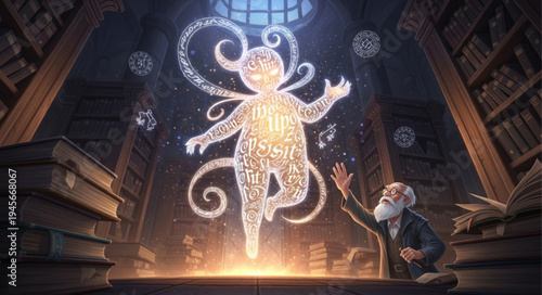 Enchanting Fairy-like Figure with Glowing Script and Wizardly Observer.