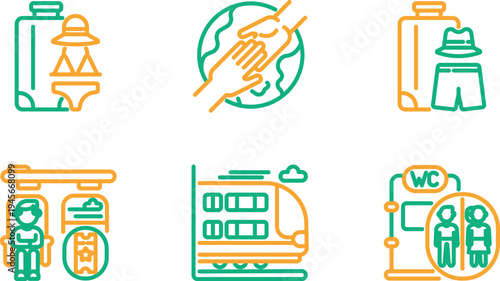 Vibrant icons representing various daily life and travel symbols in a stylized design