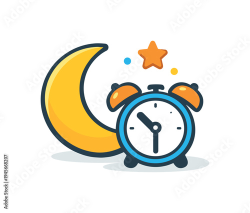 Moon and alarm clock with star, representing nighttime and time. A stylized illustration featuring a crescent moon, an alarm clock, and a star, symbolizing the night and the